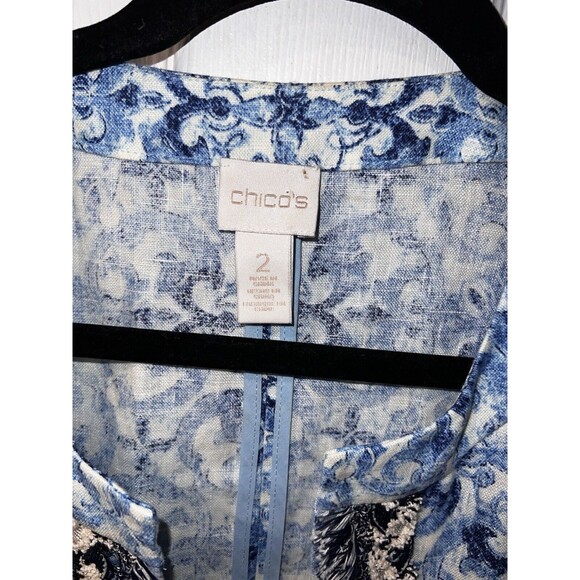 Chicos Jacket Womens 2 Large Linen Floral open Blazer Fringe Coastal Career - Picture 3 of 7